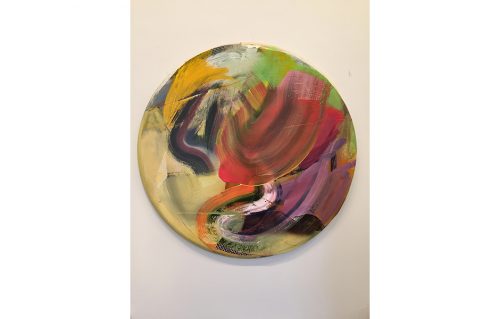 "Party Time", Acrylic, Collage, Wire Screen, Resin on Canvas, 36" diameter, 2015